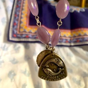 Pisces Zodiac Pendant Necklace with Purple Beads